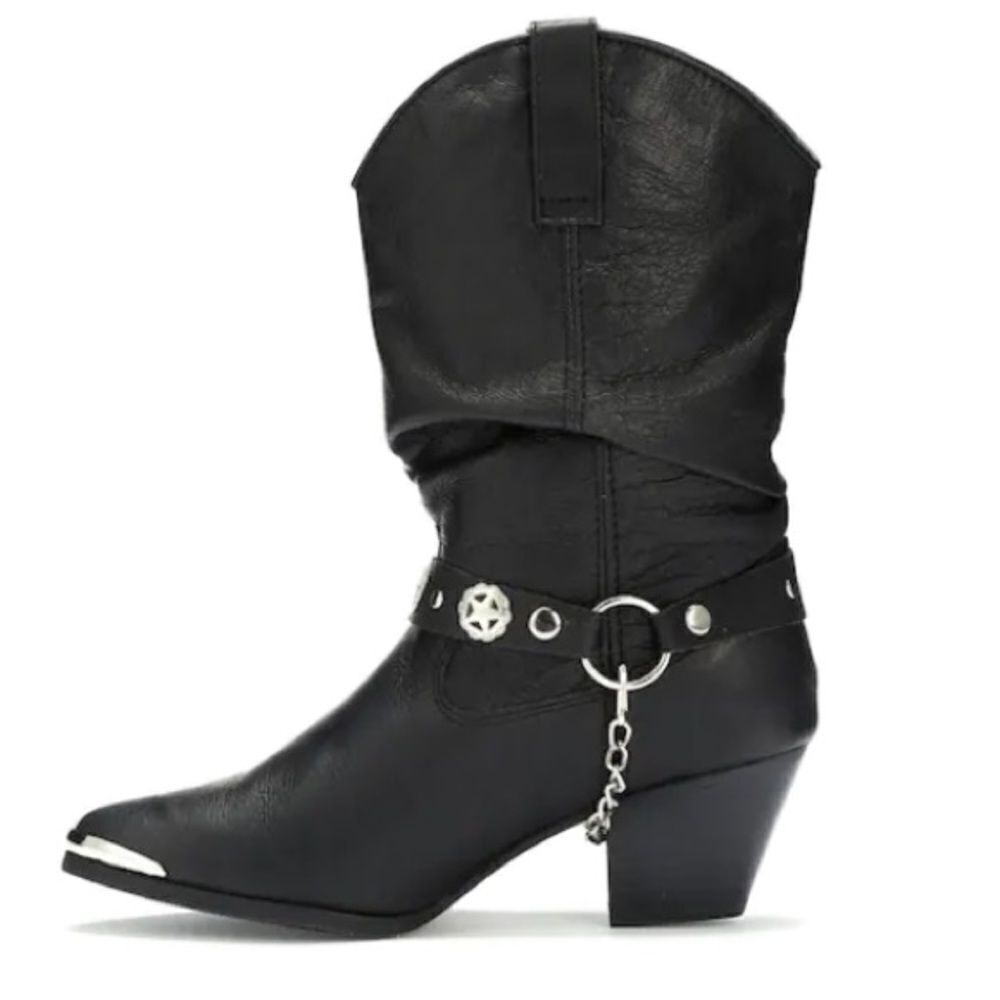 dingo Black Western Heel Cowboy Boots with Star Stud and Chain Accent